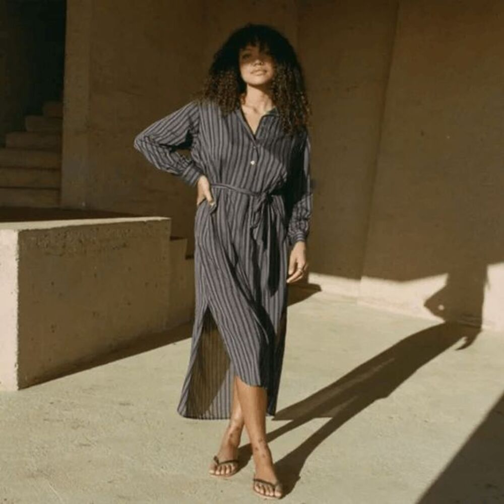 Doen Sorrento Striped Junco Button Down Midi Shirt Dress Women's Size Small